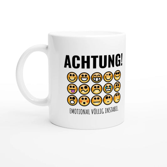Weiße Keramiktasse 325 ml mit Aufdruck "Achtung! Emotional völlig instabil" – Schreibtischtasse von Vollzeitfrust, Ansicht von links