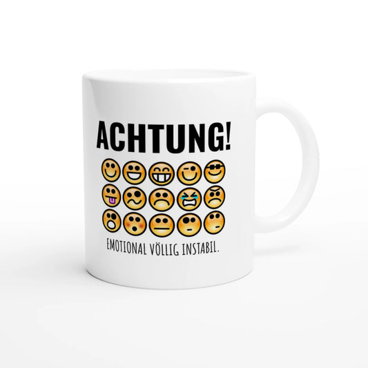 Weiße Keramiktasse 325 ml mit Aufdruck "Achtung! Emotional völlig instabil" – Schreibtischtasse von Vollzeitfrust, Ansicht von rechts