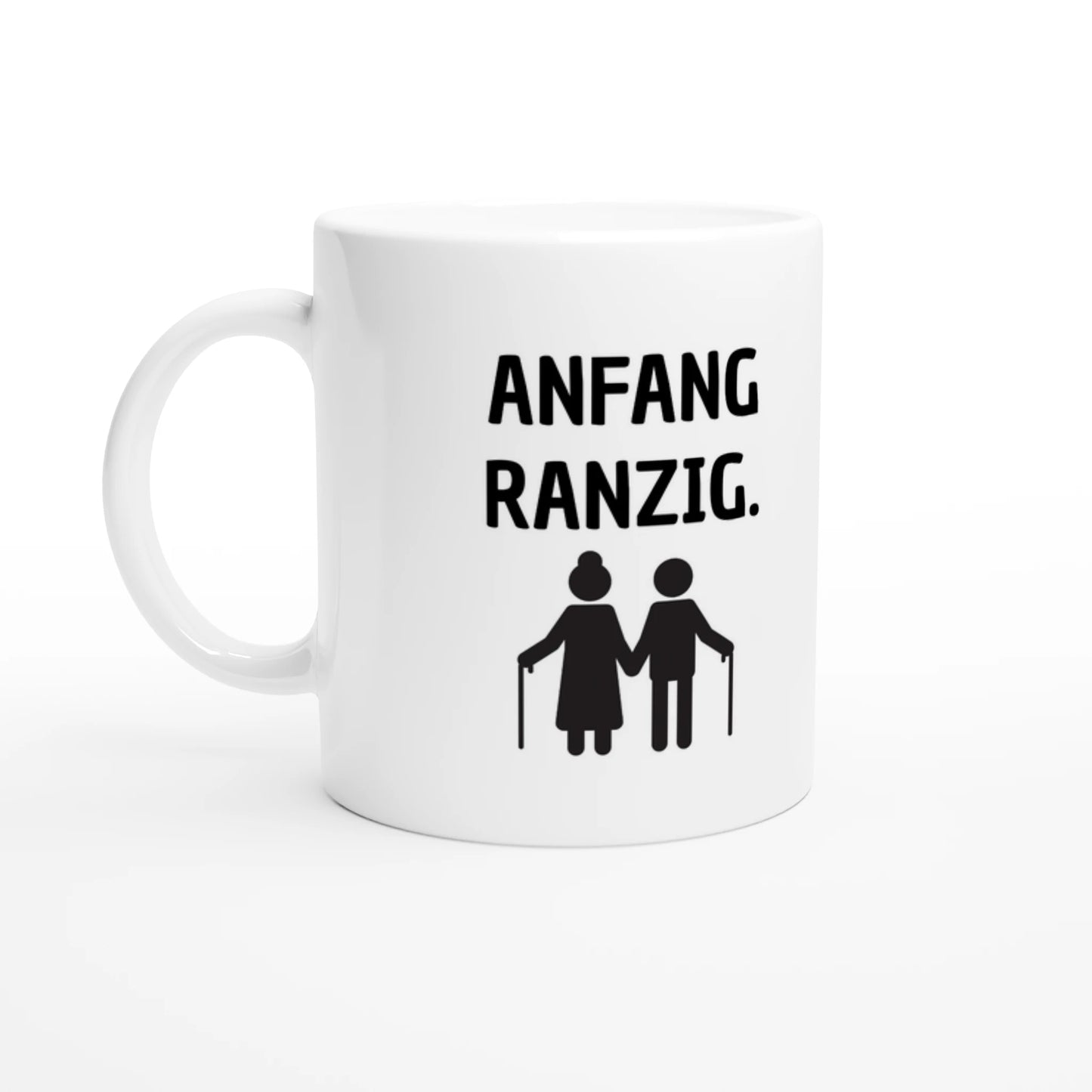 Weiße Keramiktasse 325 ml mit Aufdruck "Anfang ranzig" – Schreibtischtasse von Vollzeitfrust, Ansicht von links
