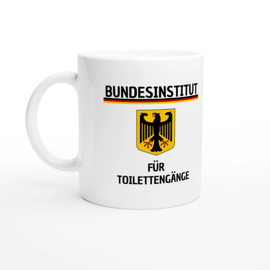 Weiße Keramiktasse 325 ml mit Aufdruck "Bundesinstitut für Toilettengänge" – Schreibtischtasse von Vollzeitfrust, Ansicht von links