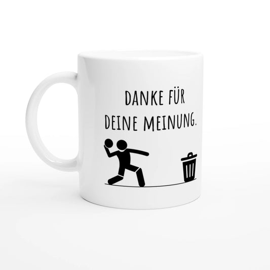 Weiße Keramiktasse 325 ml mit Aufdruck "Danke für deine Meinung" – Schreibtischtasse von Vollzeitfrust, Ansicht von links