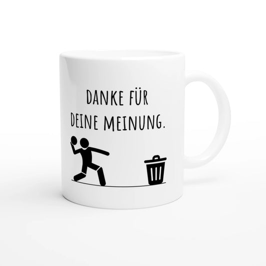 Weiße Keramiktasse 325 ml mit Aufdruck "Danke für deine Meinung" – Schreibtischtasse von Vollzeitfrust, Ansicht von rechts