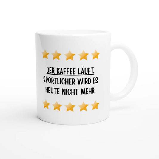 Weiße Keramiktasse 325 ml mit Aufdruck "Der Kaffee läuft. Sportlicher wird es heute nicht mehr" – Schreibtischtasse von Vollzeitfrust, Ansicht von rechts