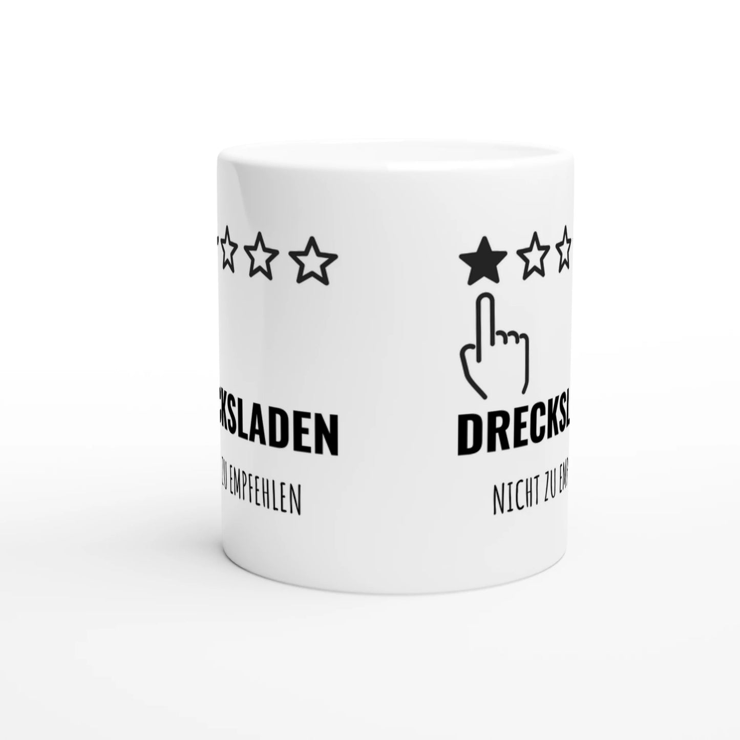 Weiße Keramiktasse mit Aufdruck "Drecksladen – Nicht zu empfehlen" – Rundumsicht der Bürotasse von Vollzeitfrust
