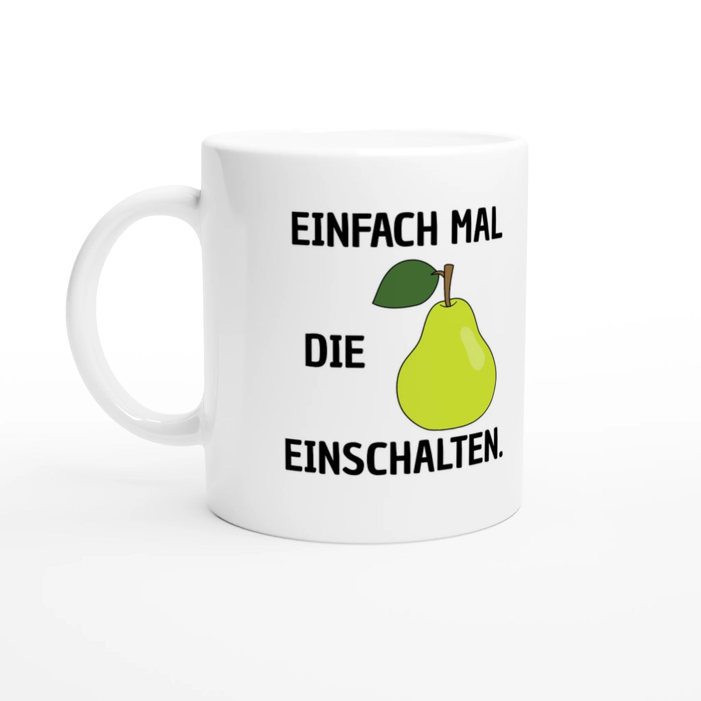Weiße Keramiktasse 325 ml mit Aufdruck "Einfach mal die Birne einschalten" – Schreibtischtasse von Vollzeitfrust, Ansicht von links