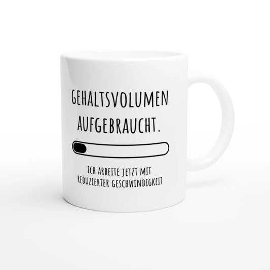 Weiße Keramiktasse 325 ml mit Aufdruck "Gehaltsvolumen aufgebraucht. Reduzierte Geschwindigkeit" – Schreibtischtasse von Vollzeitfrust, Ansicht von rechts
