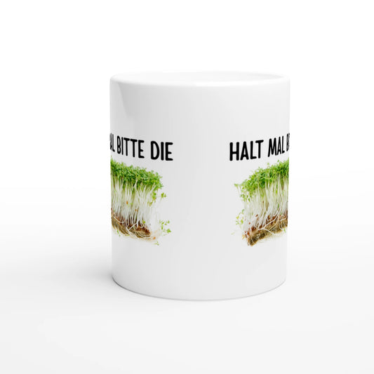 Weiße Keramiktasse 325 ml mit Aufdruck "Halt mal bitte die Kresse" – Schreibtischtasse von Vollzeitfrust, Ansicht von links