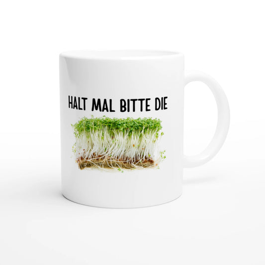 Weiße Keramiktasse 325 ml mit Aufdruck "Halt mal bitte die Kresse" – Schreibtischtasse von Vollzeitfrust, Ansicht von rechts