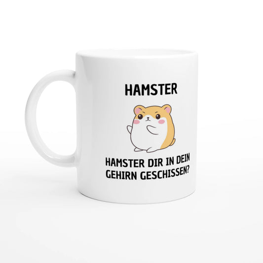 Weiße Keramiktasse 325 ml mit Aufdruck "Hamster dir in dein Gehirn geschissen?" – Schreibtischtasse von Vollzeitfrust, Ansicht von links