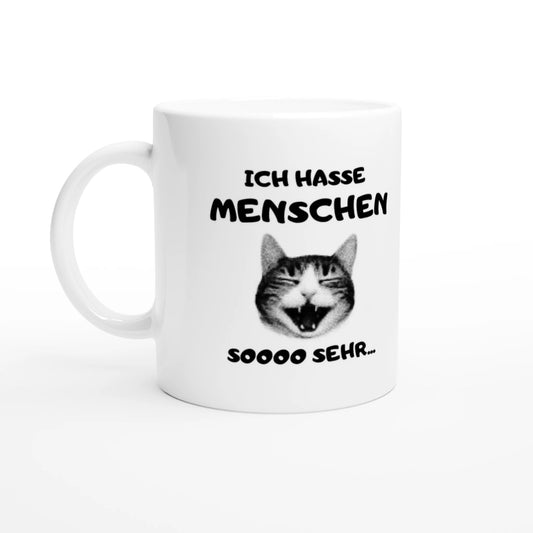 Weiße Keramiktasse 325 ml mit Aufdruck "Ich hasse Menschen soooo sehr" – Schreibtischtasse von Vollzeitfrust, Ansicht von links