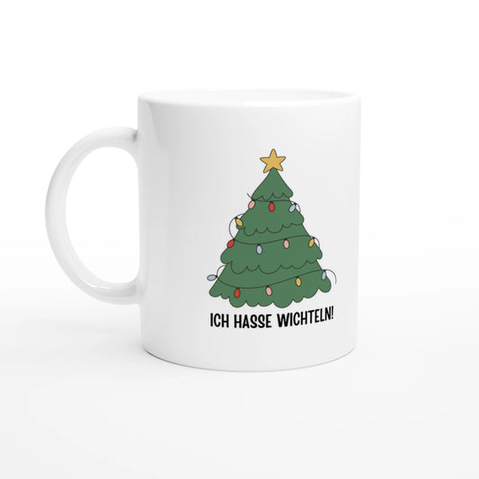 Weiße Keramiktasse 325 ml mit Aufdruck "Ich hasse Wichteln!" – Schreibtischtasse von Vollzeitfrust, Ansicht von links