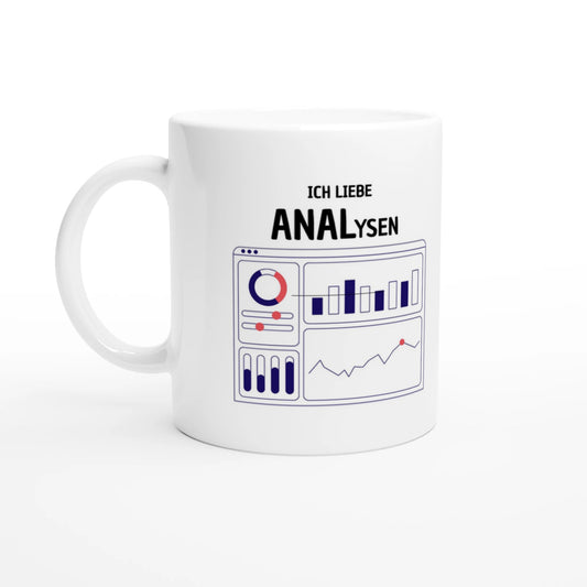 Weiße Keramiktasse 325 ml mit Aufdruck "Ich liebe ANALysen" – Schreibtischtasse von Vollzeitfrust, Ansicht von links