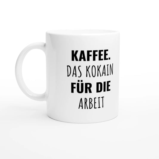 Weiße Keramiktasse 325 ml mit Aufdruck "Kaffee" – Schreibtischtasse von Vollzeitfrust, Ansicht von links