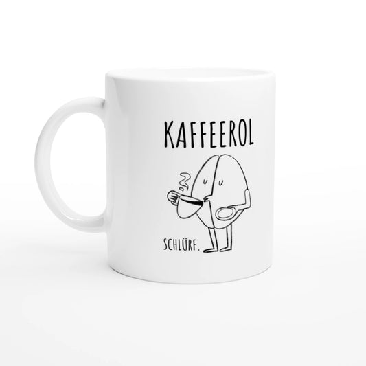 Weiße Keramiktasse 325 ml mit Aufdruck "Kaffeerol" – Schreibtischtasse von Vollzeitfrust, Ansicht von links