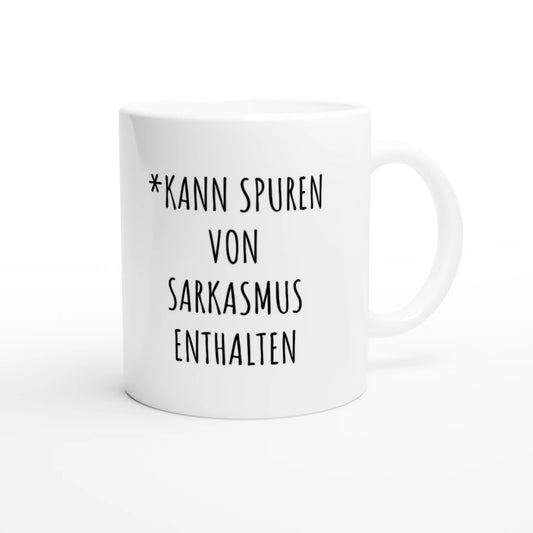 Weiße Keramiktasse 325 ml mit Aufdruck "*Kann Spuren von Sarkasmus enthalten" – Schreibtischtasse von Vollzeitfrust, Ansicht von rechts