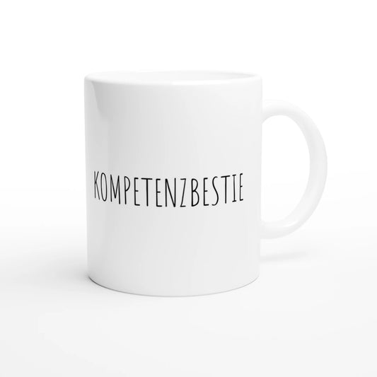 Weiße Keramiktasse 325 ml mit Aufdruck "Kompetenzbestie" – Schreibtischtasse von Vollzeitfrust, Ansicht von rechts