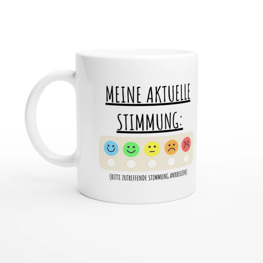 Weiße Keramiktasse 325 ml mit Aufdruck "Meine aktuelle Stimmung" – Schreibtischtasse von Vollzeitfrust, Ansicht von links