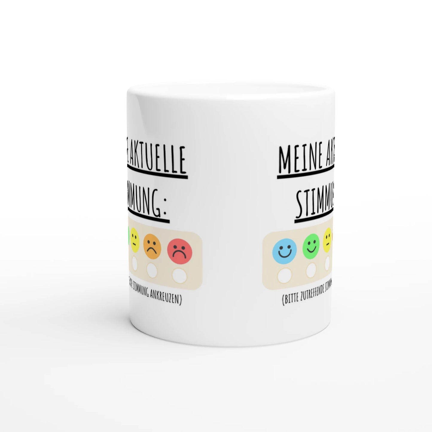 Weiße Keramiktasse mit Aufdruck "Meine aktuelle Stimmung" – Rundumsicht der Bürotasse von Vollzeitfrust