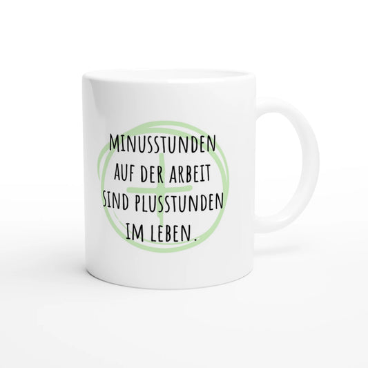 Weiße Keramiktasse 325 ml mit Aufdruck "Minusstunden auf der Arbeit sind Plusstunden im Leben" – Schreibtischtasse von Vollzeitfrust, Ansicht von rechts