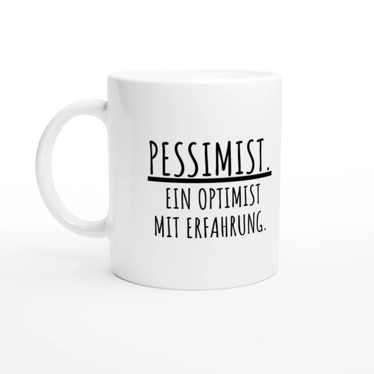 Weiße Keramiktasse 325 ml mit Aufdruck "Pessimist" – Schreibtischtasse von Vollzeitfrust, Ansicht von links