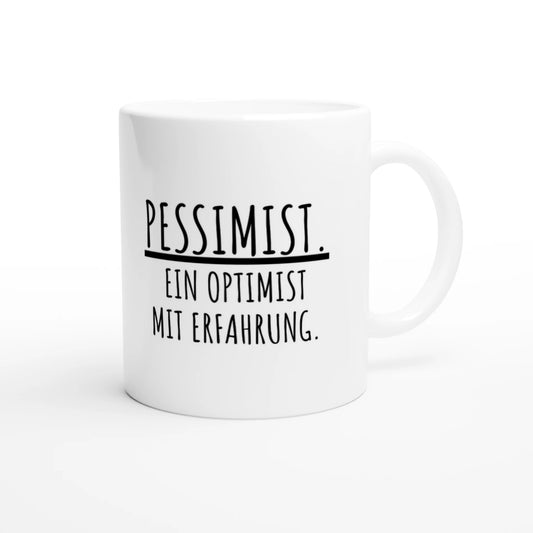 Weiße Keramiktasse 325 ml mit Aufdruck "Pessimist" – Schreibtischtasse von Vollzeitfrust, Ansicht von rechts