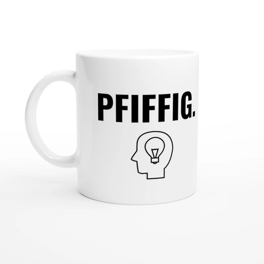 Weiße Keramiktasse 325 ml mit Aufdruck "Pfiffig" – Schreibtischtasse von Vollzeitfrust, Ansicht von links