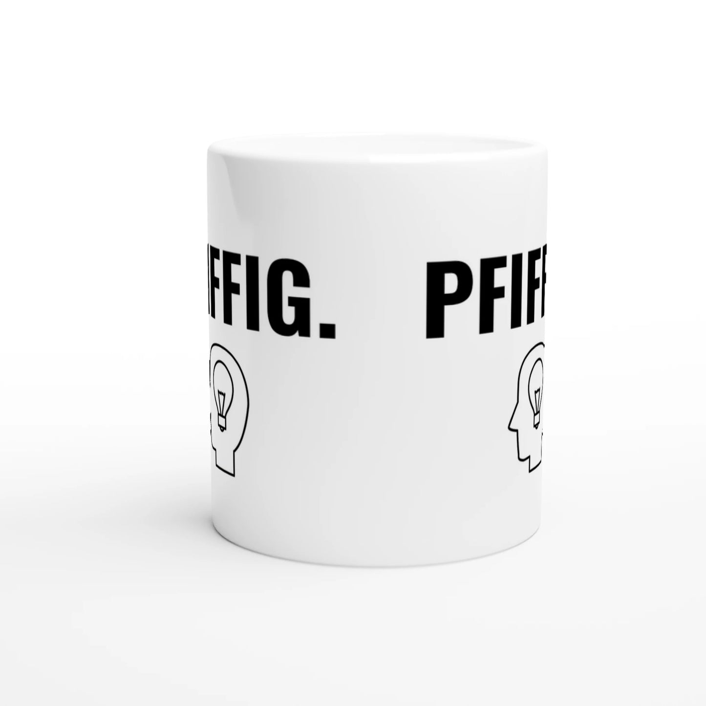 Weiße Keramiktasse mit Aufdruck "Pfiffig" – Rundumsicht der Bürotasse von Vollzeitfrust