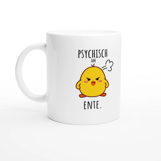 Weiße Keramiktasse 325 ml mit Aufdruck "Psychisch am Ente" – Schreibtischtasse von Vollzeitfrust, Ansicht von links