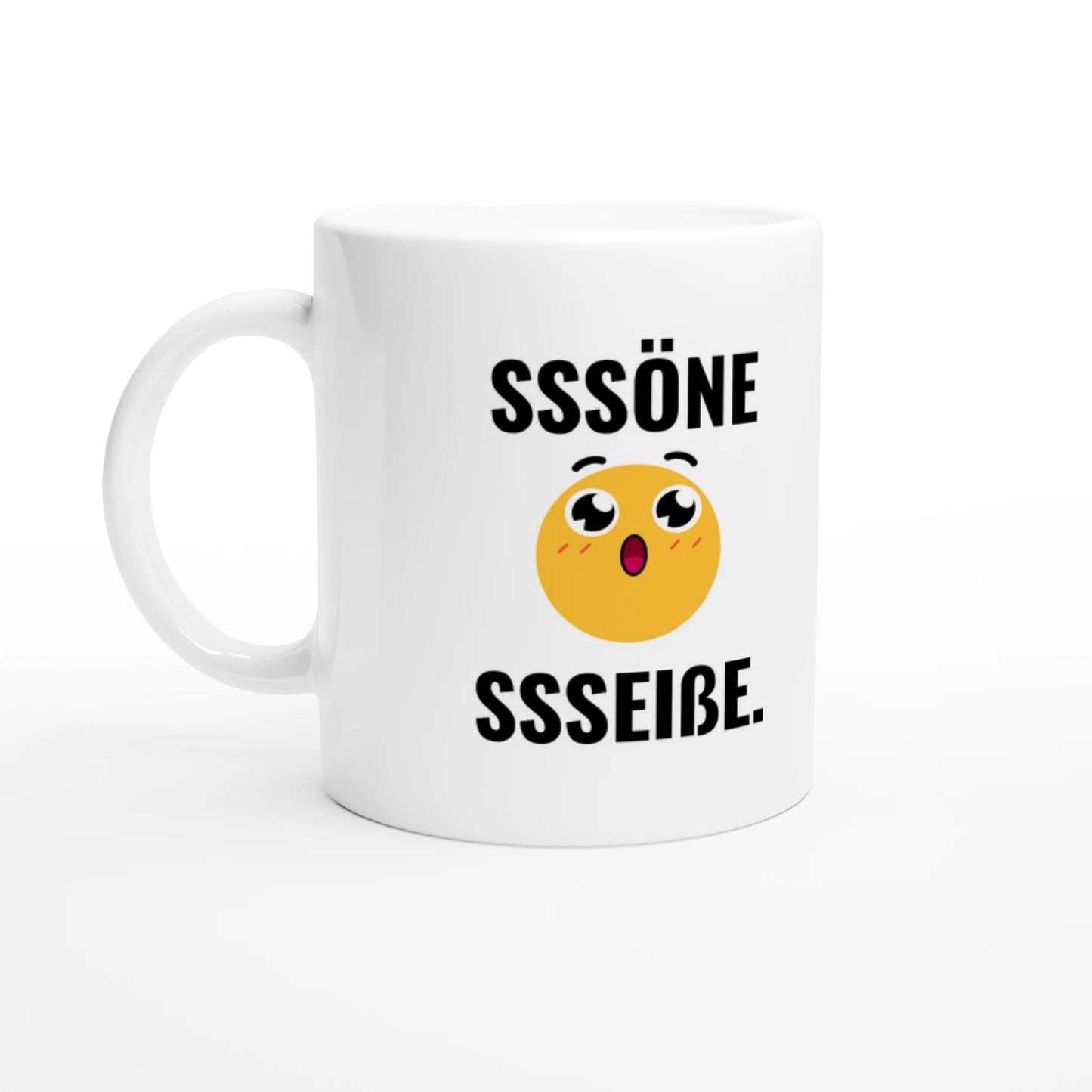 Weiße Keramiktasse 325 ml mit Aufdruck "SSSöne SSSeiße" – Schreibtischtasse von Vollzeitfrust, Ansicht von links