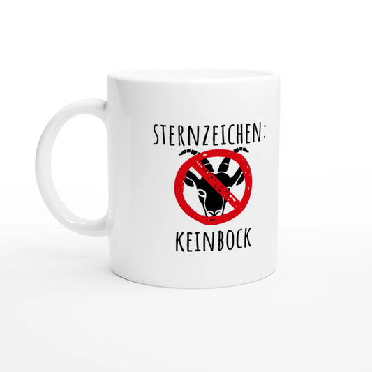 Weiße Keramiktasse 325 ml mit Aufdruck "Sternzeichen: Keinbock" – Schreibtischtasse von Vollzeitfrust, Ansicht von links