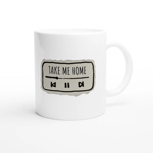 Weiße Keramiktasse 325 ml mit Aufdruck "Take Me Home" – Schreibtischtasse von Vollzeitfrust, Ansicht von rechts