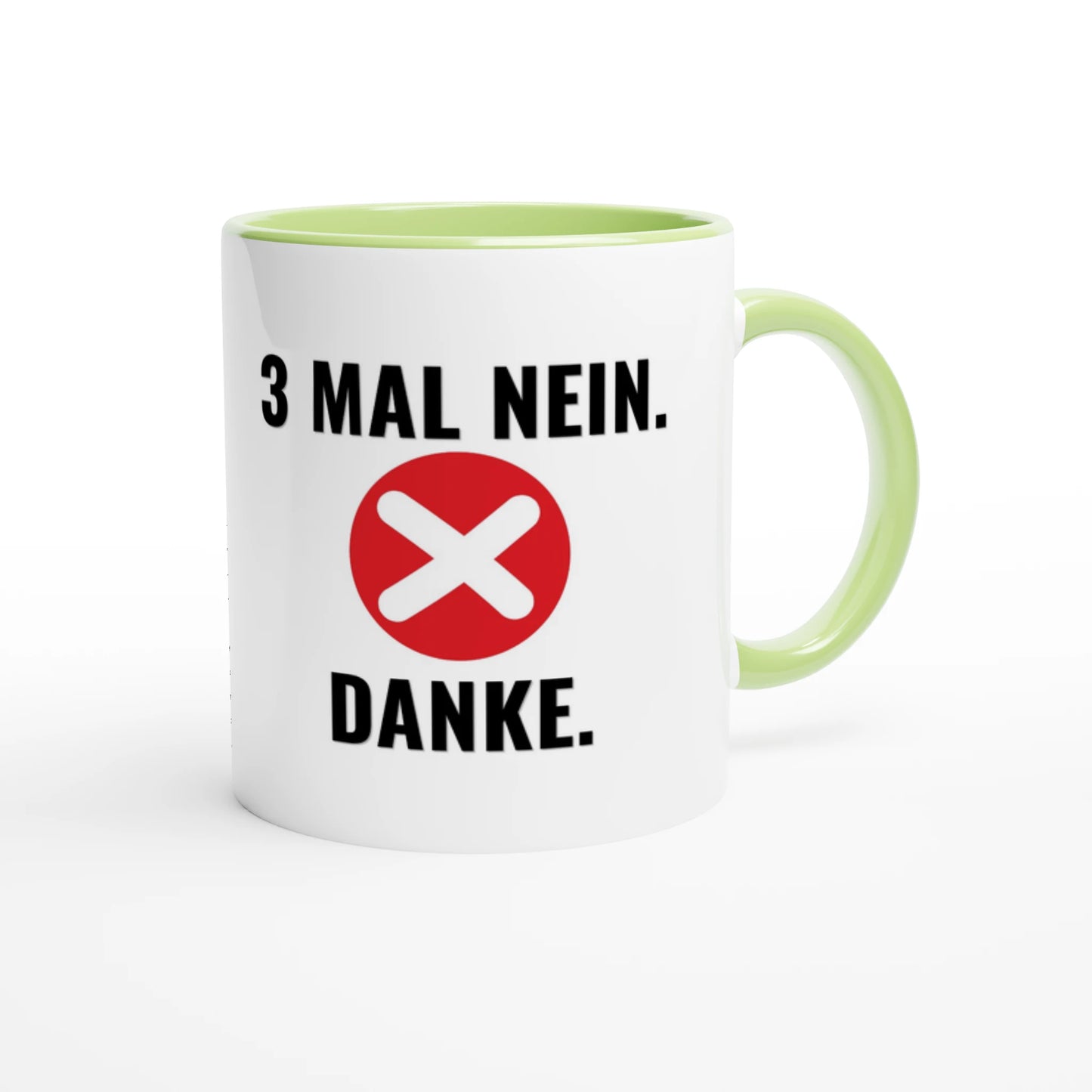 Zweifarbige Keramiktasse 325 ml mit Aufdruck "3 Mal Nein. Danke" in Grün – Schreibtischtasse von Vollzeitfrust