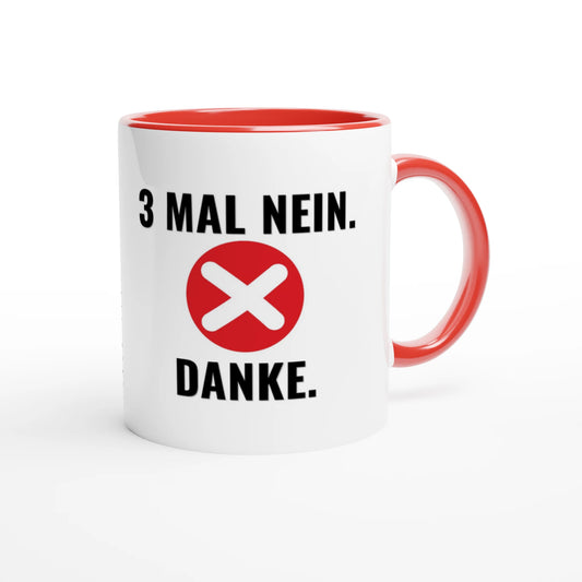 Zweifarbige Keramiktasse 325 ml mit Aufdruck "3 Mal Nein. Danke" in Rot – Schreibtischtasse von Vollzeitfrust