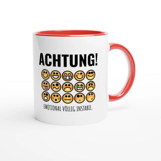 Zweifarbige Keramiktasse 325 ml mit Aufdruck "Achtung! Emotional völlig instabil" in Rot – Schreibtischtasse von Vollzeitfrust