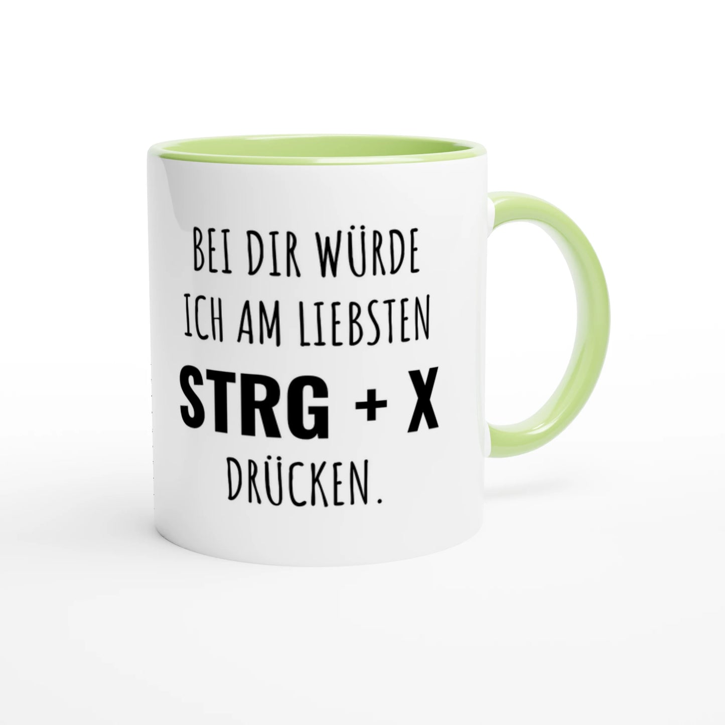 Zweifarbige Keramiktasse 325 ml mit Aufdruck "Bei dir würde ich am liebsten STRG + X drücken" in Grün – Schreibtischtasse von Vollzeitfrust