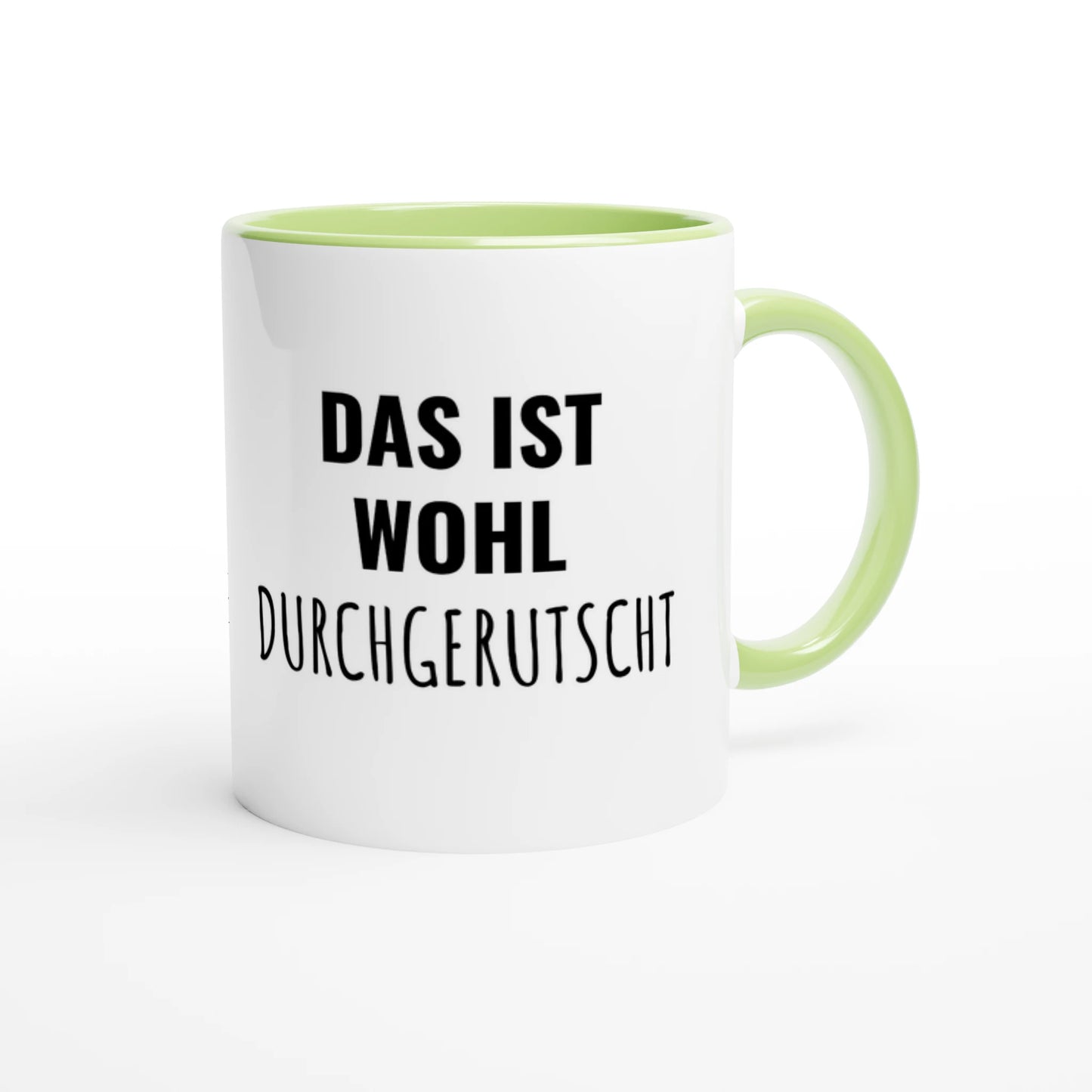 Zweifarbige Keramiktasse 325 ml mit Aufdruck "Das ist wohl durchgerutscht" in Grün – Schreibtischtasse von Vollzeitfrust