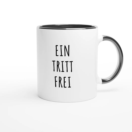 Zweifarbige Keramiktasse 325 ml mit Aufdruck "Ein Tritt frei" in Schwarz – Schreibtischtasse von Vollzeitfrust