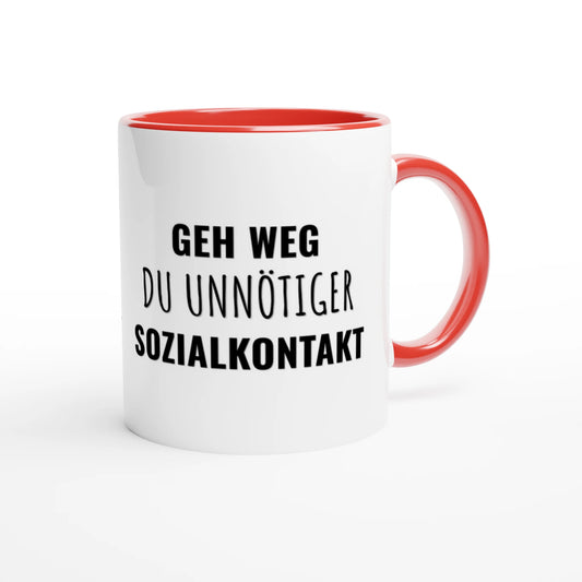 Zweifarbige Keramiktasse 325 ml mit Aufdruck "Geh weg, du unnötiger Sozialkontakt" in Rot – Schreibtischtasse von Vollzeitfrust