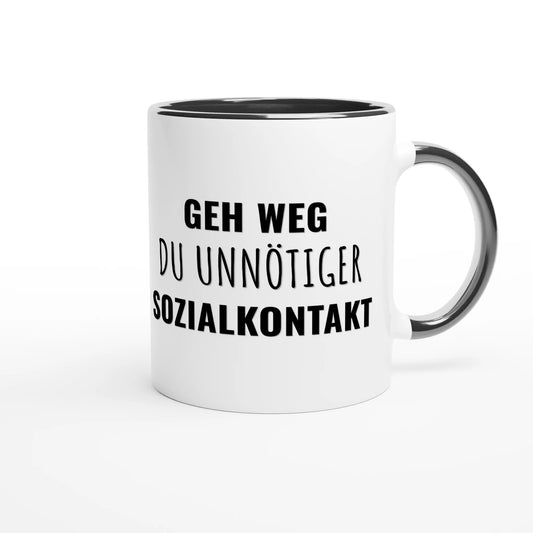 Zweifarbige Keramiktasse 325 ml mit Aufdruck "Geh weg, du unnötiger Sozialkontakt" in Schwarz – Schreibtischtasse von Vollzeitfrust