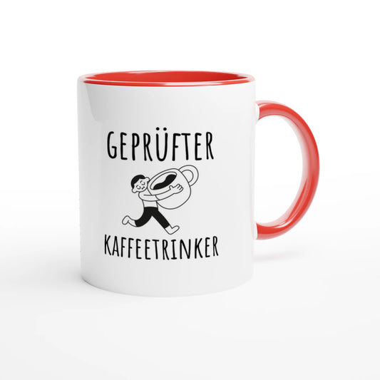 Zweifarbige Keramiktasse 325 ml mit Aufdruck "Geprüfter Kaffeetrinker" in Rot – Schreibtischtasse von Vollzeitfrust