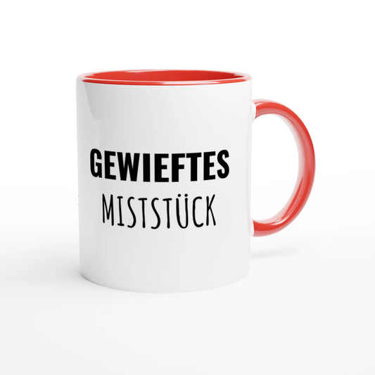 Zweifarbige Keramiktasse 325 ml mit Aufdruck "Gewieftes Miststück" in Rot – Schreibtischtasse von Vollzeitfrust