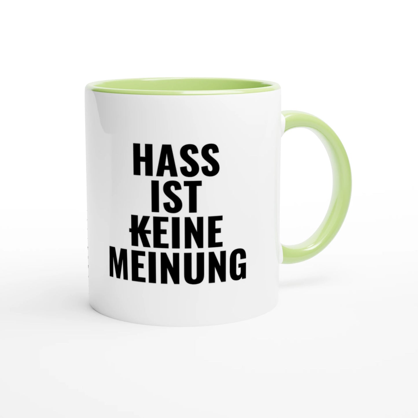 Zweifarbige Keramiktasse 325 ml mit Aufdruck "Hass ist (k)eine Meinung" in Grün – Schreibtischtasse von Vollzeitfrust