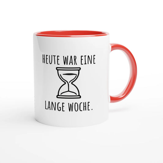 Zweifarbige Keramiktasse 325 ml mit Aufdruck "Heute war eine lange Woche" in Rot – Schreibtischtasse von Vollzeitfrust