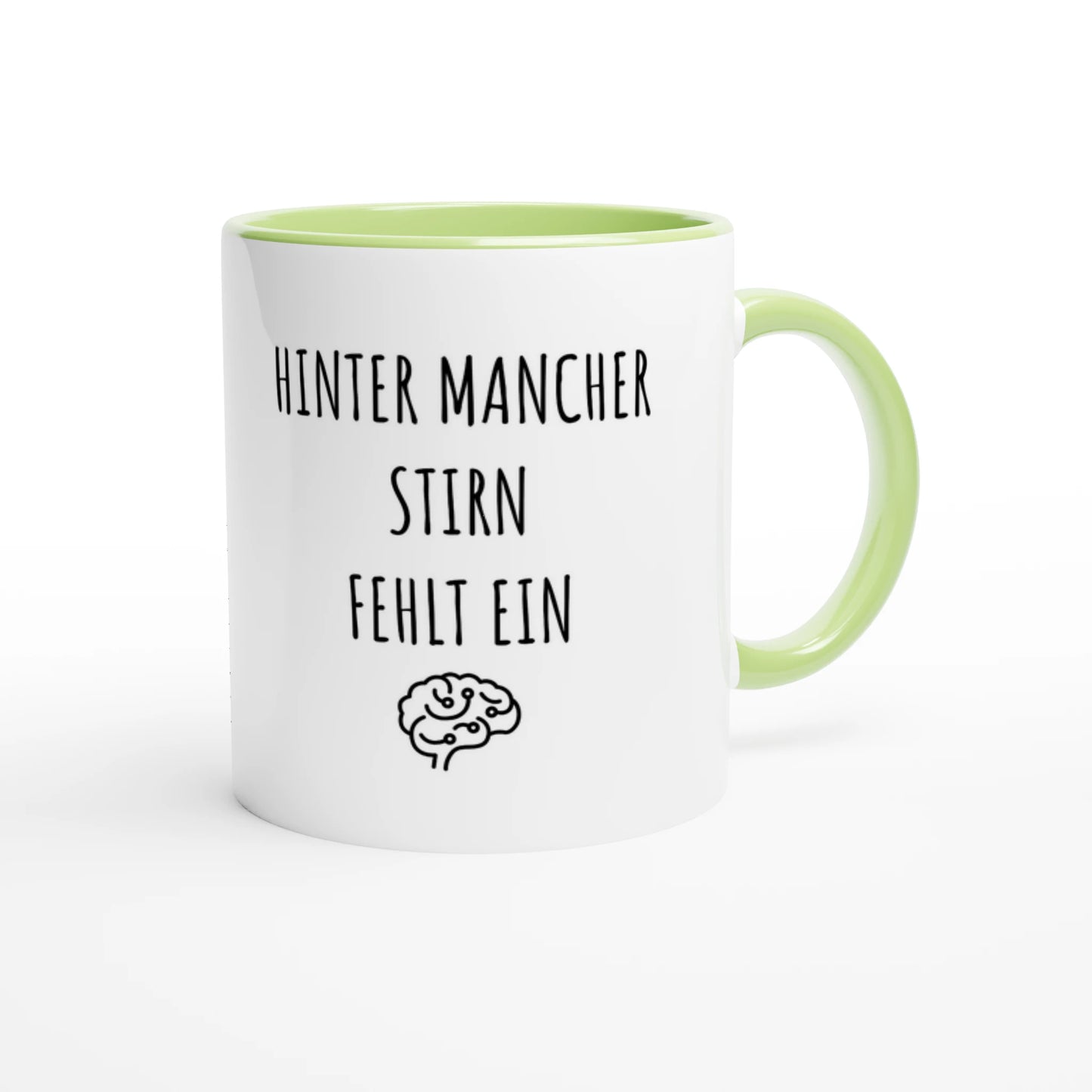 Zweifarbige Keramiktasse 325 ml mit Aufdruck "Hinter mancher Stirn fehlt ein 🧠" in Grün – Schreibtischtasse von Vollzeitfrust