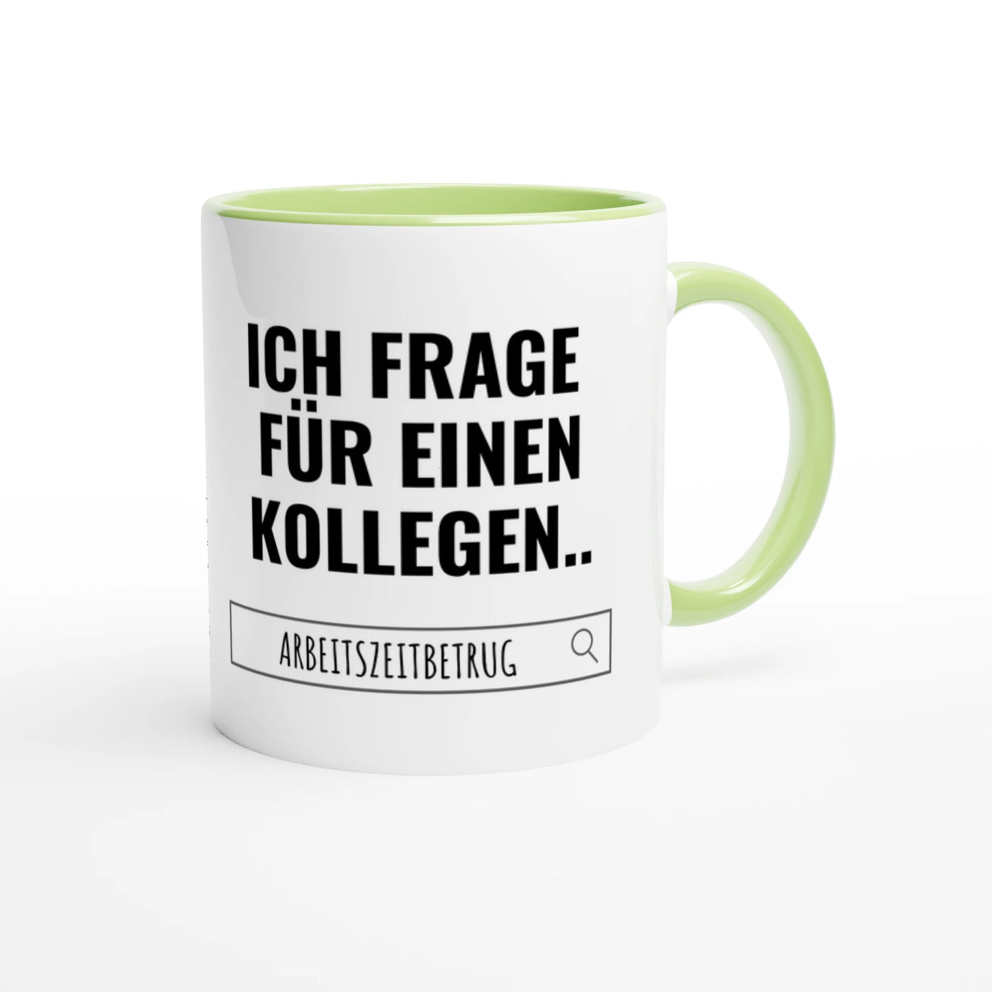 Zweifarbige Keramiktasse 325 ml mit Aufdruck "Ich frage für einen Kollegen" in Grün – Schreibtischtasse von Vollzeitfrust