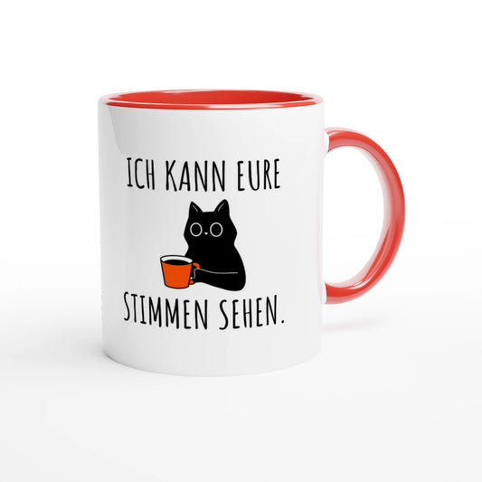 Zweifarbige Keramiktasse 325 ml mit Aufdruck "Ich kann eure Stimmen sehen" in Rot – Schreibtischtasse von Vollzeitfrust