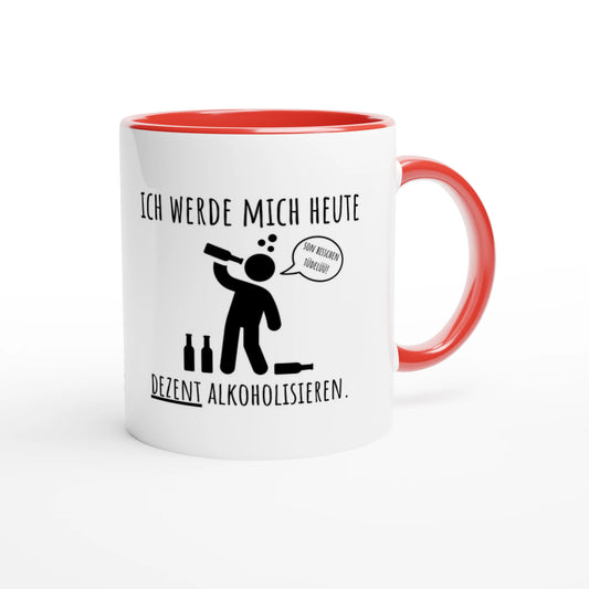 Zweifarbige Keramiktasse 325 ml mit Aufdruck "Ich werde mich heute dezent alkoholisieren" in Rot – Schreibtischtasse von Vollzeitfrust