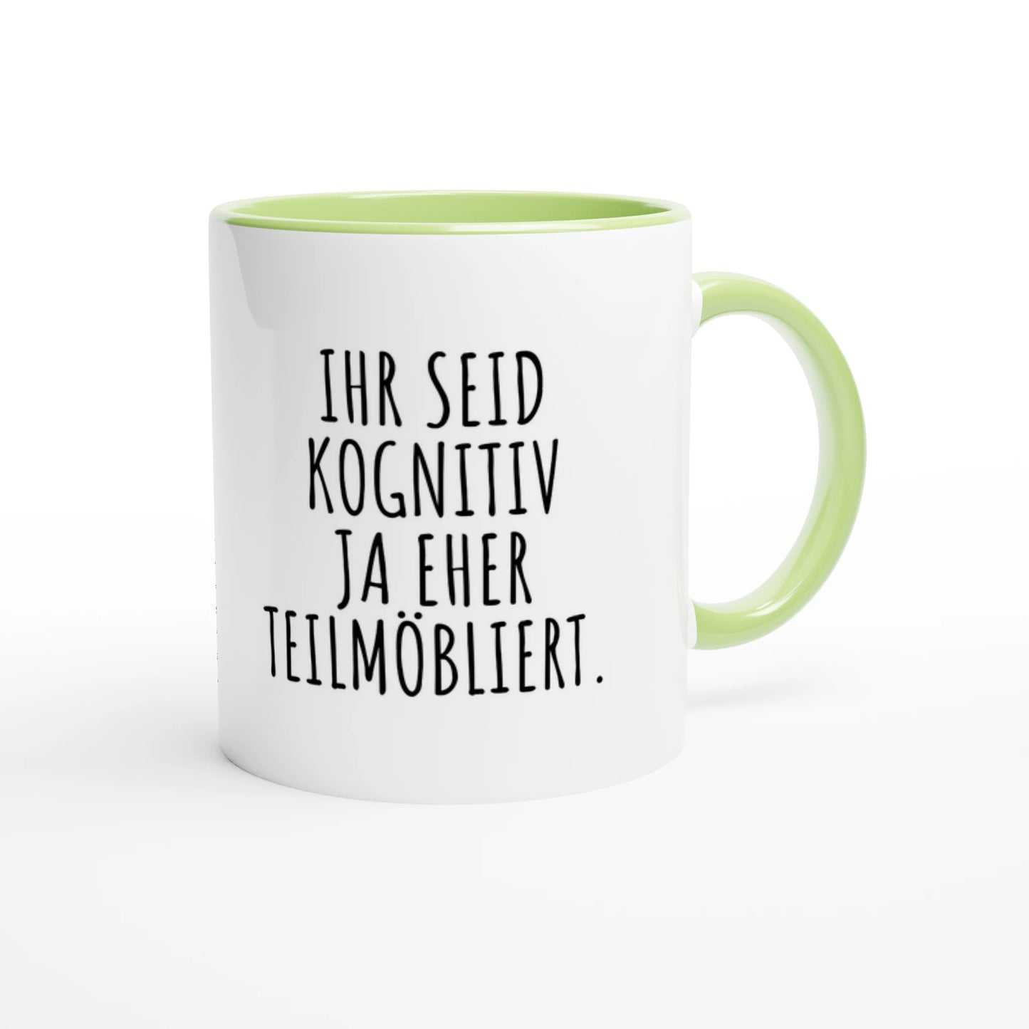Zweifarbige Keramiktasse 325 ml mit Aufdruck "Ihr seid kognitiv ja eher teilmöbliert" in Grün – Schreibtischtasse von Vollzeitfrust
