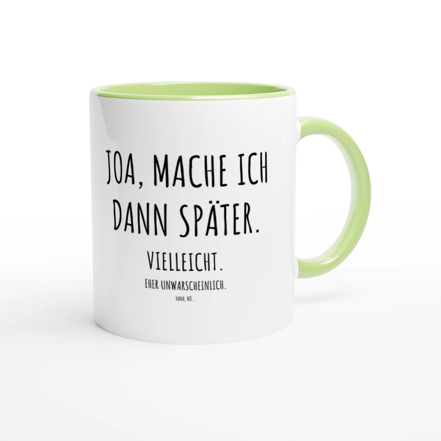 Zweifarbige Keramiktasse 325 ml mit Aufdruck "Joa, mache ich dann später" in Grün – Schreibtischtasse von Vollzeitfrust