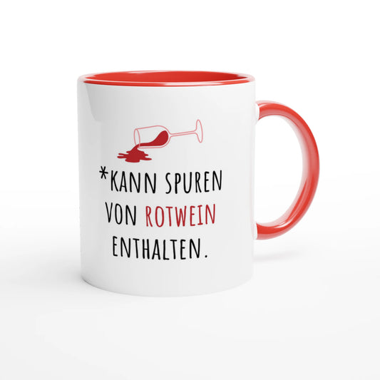 Zweifarbige Keramiktasse 325 ml mit Aufdruck "*Kann Spuren von Rotwein enthalten" in Rot – Schreibtischtasse von Vollzeitfrust